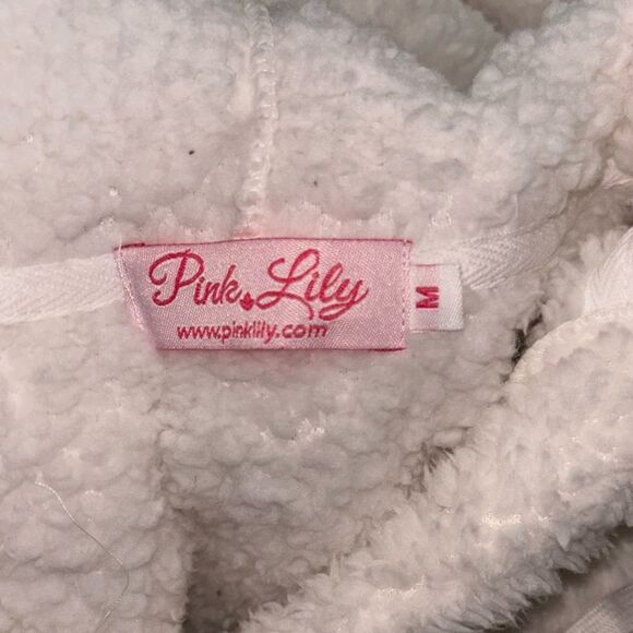 Pink Lily White Fuzzy Sherpa Hoodie Sweatshirt - Picture 2 of 3